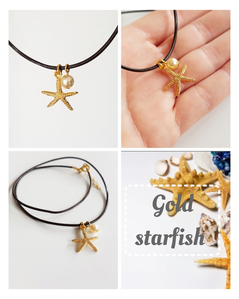 Starfish Beach Necklace on Brown Leather Cord, Gold Silver Starfish Pendant with Pearl, Bohemian Ocean Sea Lover Gift, Boho Summer Jewelry Gold plated