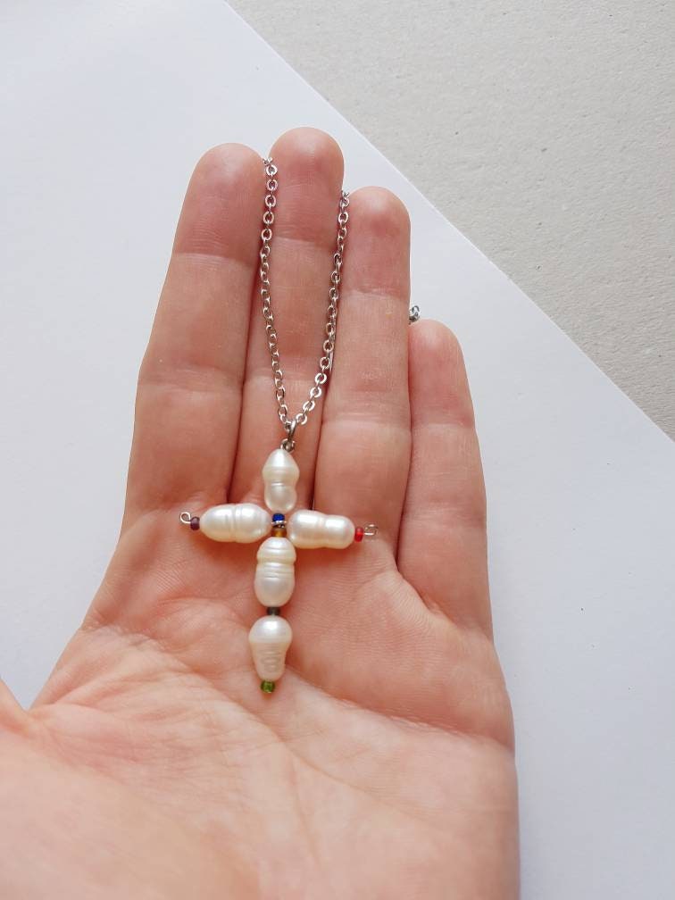 Pearl Cross Necklace, Greek Cross Pendant, Modern Religious