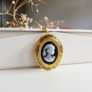 Lady camee medaillon ketting, vintage stijl sieraden, foto medaillon cadeau voor haar, ovale zwarte lady camee hanger, dames aandenken ketting