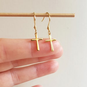 Minimalist Cross Earrings, Gold Stainless Steel Cross Dangles, Waterproof Non-tarnish Jewels, Hypoallergenic Religious Tiny Cross Ear Jewels image 5