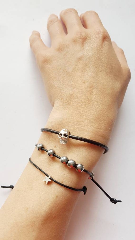 Black Real Leather Cord Charm Lucky Bracelet Anklet Adjustable For Men Women