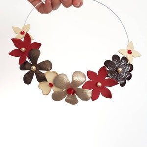 Floral Bib Necklace, Short Leather Choker, Brown Red Statement Jewelry, Eco-Friendly Women Collar, Beaded Pearl Jewelry, Flower Appliques image 1
