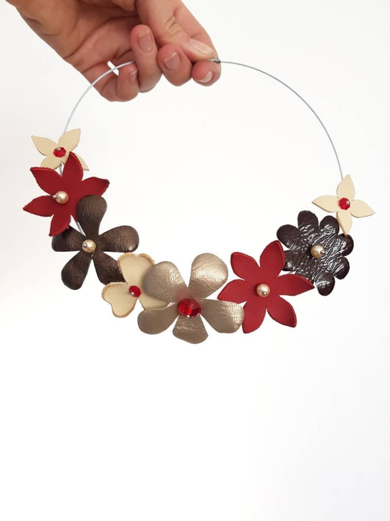 Floral Bib Necklace, Short Leather Choker, Brown Red Statement Jewelry, Eco-Friendly Women Collar, Beaded Pearl Jewelry, Flower Appliques image 1