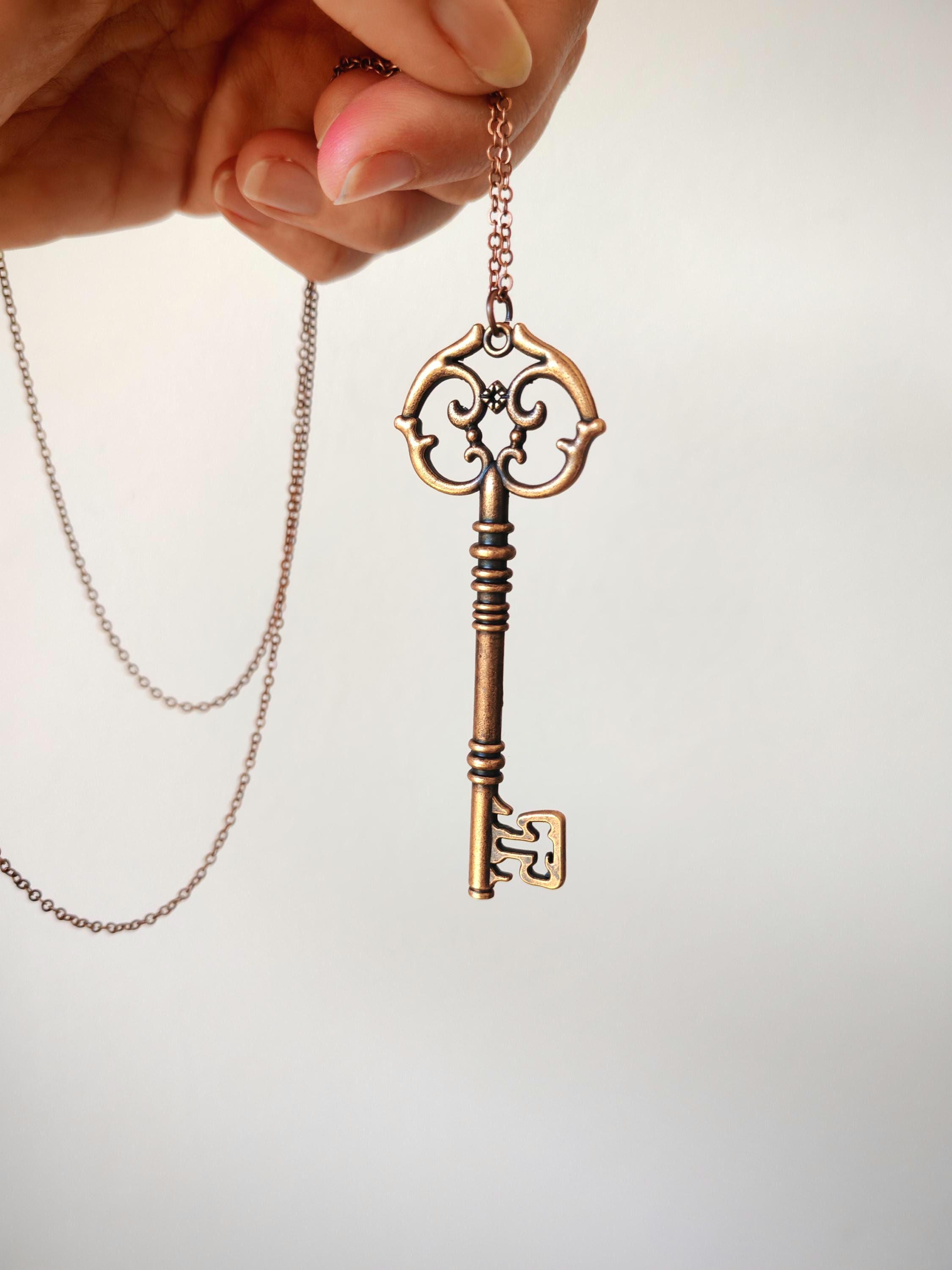 Antique Copper Skeleton Key Necklace, Ornate Victorian Key Pendant on ...
