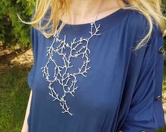 Statement Twig Necklace, Long Cascading Branch Necklace, Bold Nature Lover Bib, Woodland Forest Jewelry, Avant-garde Silver Party Accessory