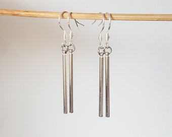 Long Thin Bar Earrings, Dainty Silver Charm Drops, Daily Tube Earrings With Long Sticks, Minimalist Modern Round Bar Rod Dangles for Women