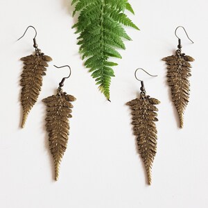 Long Fern Leaf Earrings, Forest Nature Lover, Bronze Botanical Leaves, Rustic Leaf Dangles, Woodland Boho Jewelry, Nature Cottagecore Jewels image 2