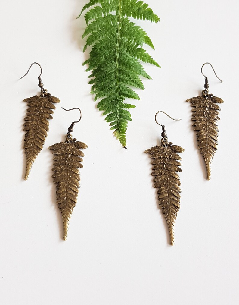 Long Fern Leaf Earrings, Forest Nature Lover, Bronze Botanical Leaves, Rustic Leaf Dangles, Woodland Boho Jewelry, Nature Cottagecore Jewels image 2