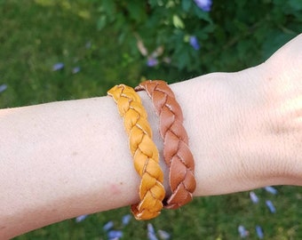 Braided Leather Bracelet, Mystery Braid Wristband, Up-cycled Leather Jewelry, Butter-Soft Bohemian Armband, Turtle Charm Cuff in Warm Orange