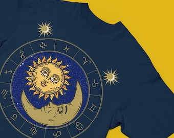 Camiseta do Zodíaco Celestial, camiseta vintage de astrologia dos anos 90 com sol e lua