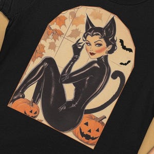 Pin Up Catwoman Halloween Tee: Retro Witchy Shirt
