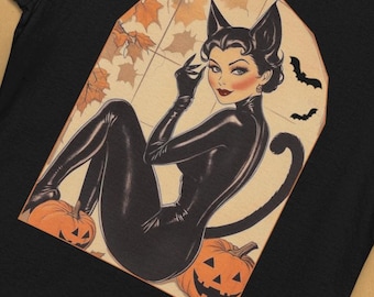 Pin Up Catwoman Halloween Tee: Retro Witchy Shirt