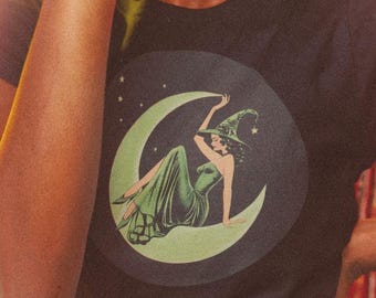 Vintage Pin Up Green Witch T-Shirt, Retro Halloween Shirt for Women