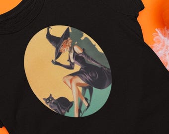 Pin Up Witch and Cat Tee, Vintage Halloween Shirt, Witchcore Graphic Top