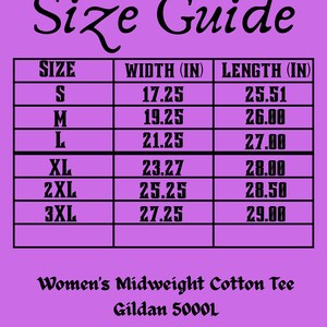 May include: A size guide for a Women's Midweight Cotton Tee, Gildan 5000L, with measurements in inches. The chart lists sizes S through 3XL, with corresponding widths and lengths. The text "Size Guide" is at the top.