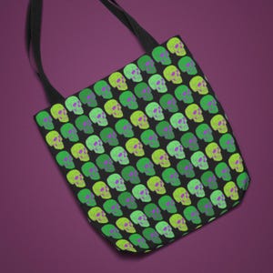 Retro Skull Tote Bag, Green and Purple All Over Print Gothic Bag