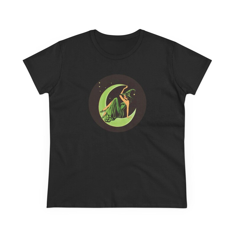 Vintage Pin Up Witch T-Shirt, Celestial Moon Green Witch Tee, Retro Goth Cotton image 3