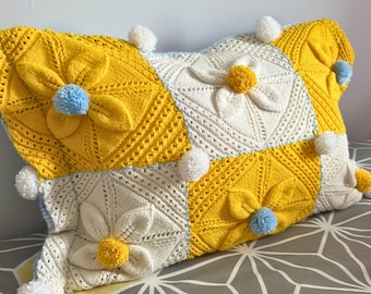 The Daisy Meadow | Hand Knitted Cushion | Vintage | Feather filled | Up cycled