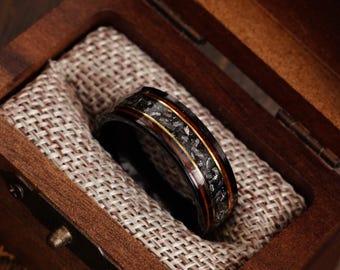 Whiskey Barrel Meteorite Ring | Black Tungsten Wood Inlay Wedding Band | 8mm Mens Ring Gift