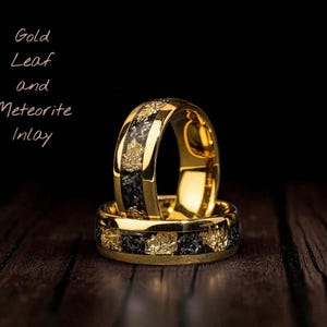 Meteorite Gold Leaf Ring, 8mm Mens Tungsten Wedding Band, Muonionalusta Meteorite Ring, 22K Gold Inlay Wedding Ring
