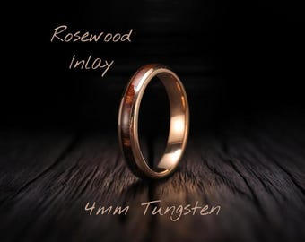 Anillo de tungsteno con incrustaciones de madera de palisandro, alianza de boda de oro rosa de 4 mm, anillo con incrustaciones de madera, anillo de promesa para mujer, regalo de aniversario.