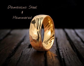 Gold Damascus Steel Hammered Ring, 8mm Men’s Wedding Band, Modern Engagement Ring