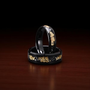 Black Tungsten Ring with Gold Leaf & Meteorite inlay 6mm | 8mm Meteorite Ring | Gold Couple Matching Wedding Band | MeteorRings