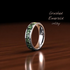 Crushed Emerald Silver Tungsten Ring | 6mm Green Stone Wedding Band | Emerald Tungsten Couple Ring | Free Wooden Gift Box | MeteorRings
