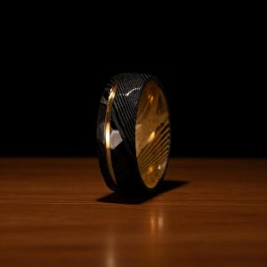 Black Damascus Hammered Ring | Gold inlay Ring | 8mm Black Damascus Steel Ring | Damascus Wedding Ring | Gift for Him | MeteorRings