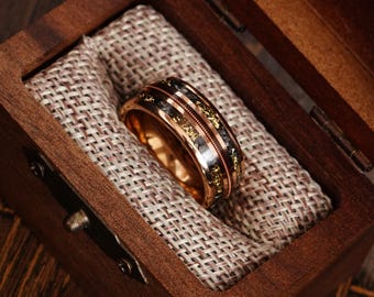 Meteorite Gold Leaf Guitar String Ring: Rose Gold Tungsten Band, Guitarist Ring, Meteorite Ring, Men Guitar String Ring, Best Husband Gift