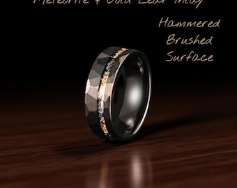 Mens Black Hammered Wedding Ring, Gold Leaf Meteorite Wedding Band, Unique Wedding Tungsten Ring, Mens Wedding Band, Promise Wedding Ring