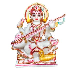 Idole Saraswati Maa de 15 cm | Poussière de marbre faite main Saraswati Murti | Statue de déesse hindoue pour Puja, décoration de temple et cadeau spirituel