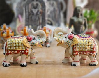Lucky Elephant Pair Figurines, 4 Inch White Makrana Marble, Handmade Good Fortune Home Decor