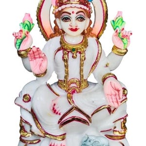 6 Inch Lakshmi Mata Idol | White Marble Dust Laxmi Murti for Puja, Home Decor & Gift | Handmade Hindu Goddess Statue | Diwali Decoration
