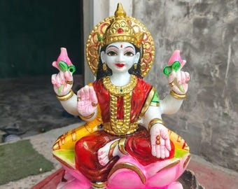 Lakshmi Maa Statue, 12 Inch Handmade Makrana Marble Goddess Idol, Hindu Temple Decor
