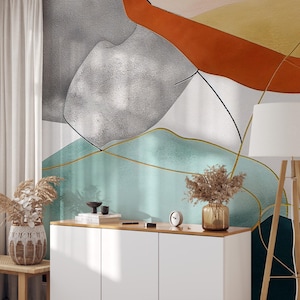 Strukturiertes abstraktes Wandbild - Geometrische Tapete im Erdton für moderne Boho-Interieurs