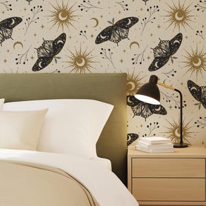 Celestial Moth Wallpaper: Boho Moon, Stars & Sun Wall Mural