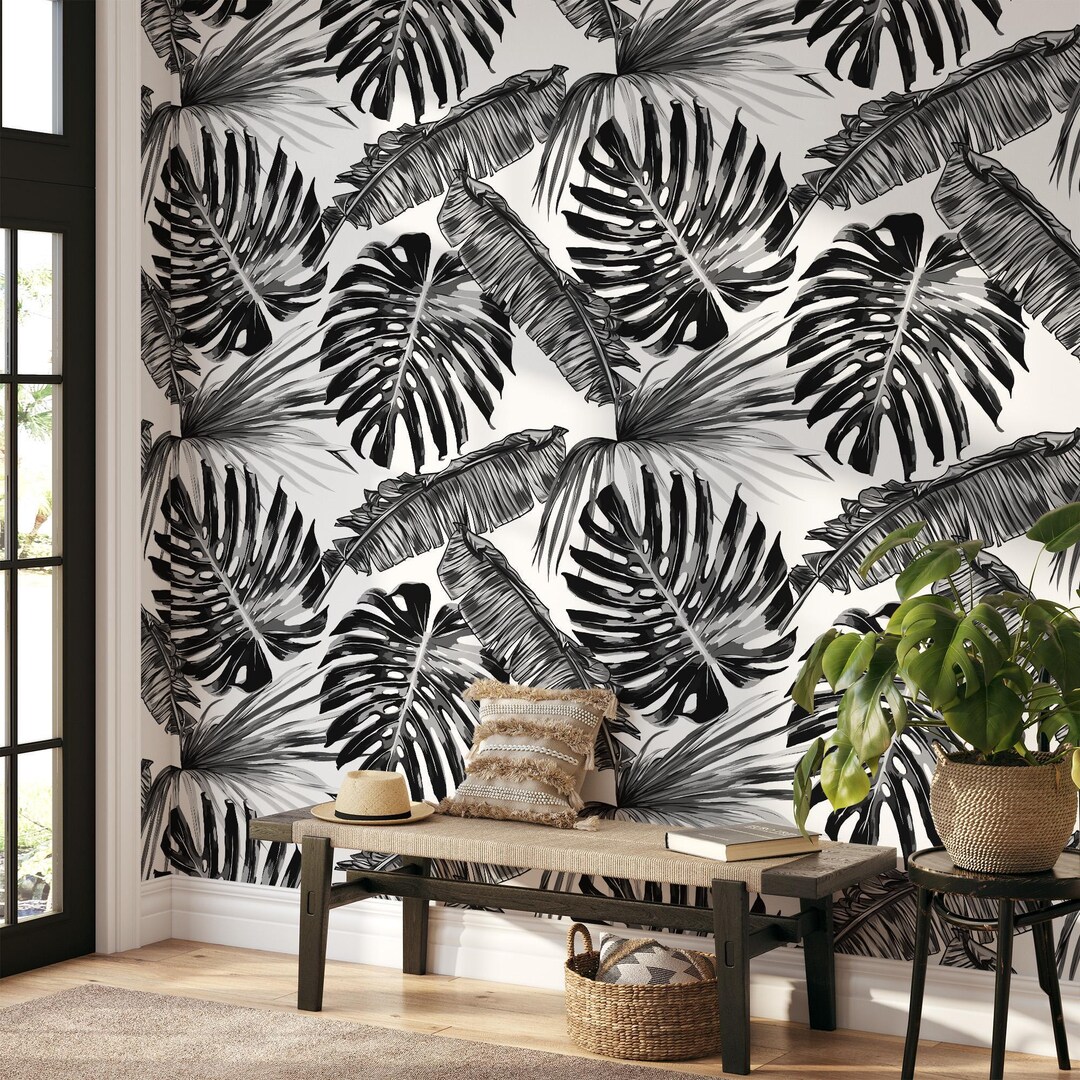 Black & White Tropical Wallpaper: Monstera Palm Leaf Peel and Stick ...