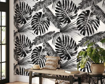 Black & White Tropical Wallpaper: Monstera Palm Leaf Peel and Stick Mural