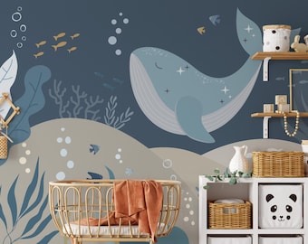 Whale Kids Wallpaper Mural: Underwater Sea Life Wall Decor
