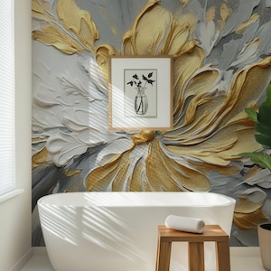 Gold Floral 3D Wall Mural – Textured Elegant Flower Wallpaper for Modern Interiors