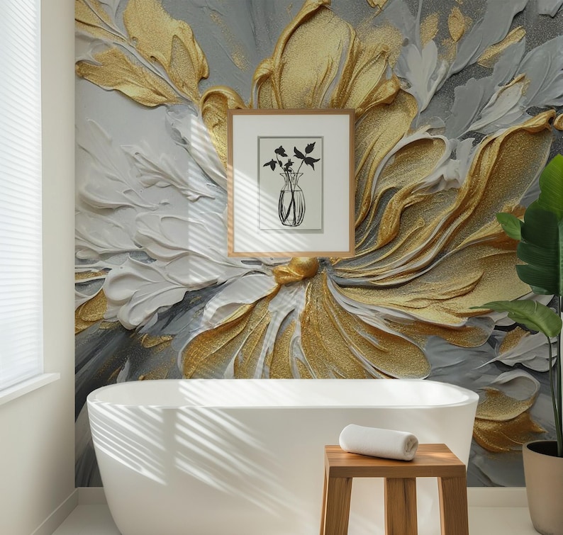 Gold Floral 3D Wall Mural – Textured Elegant Flower Wallpaper for Modern Interiors