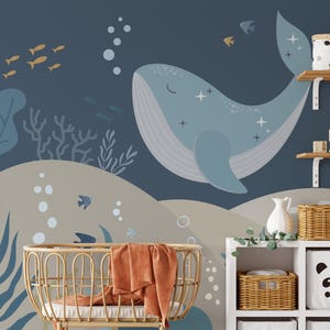 Meeres Wal Kinder Tapete - Unterwasser-Wandbild mit niedlichem Blauwal und Koralle, Gender Neutral Sea Life Wanddekoration