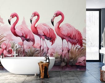 Pink Flamingo Wallpaper Mural: Tropical Bird, Boho Nursery Decor