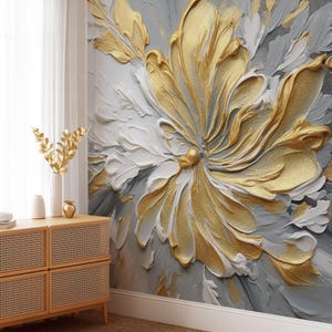 Gold Floral 3D Wall Mural – Textured Elegant Flower Wallpaper for Modern Interiors