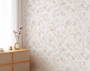 May include: A neutral-toned room featuring a light wood dresser with woven drawer fronts, a white vase with cotton stems, and a wall covered in a beige eucalyptus leaf pattern. The room has a window with white curtains.