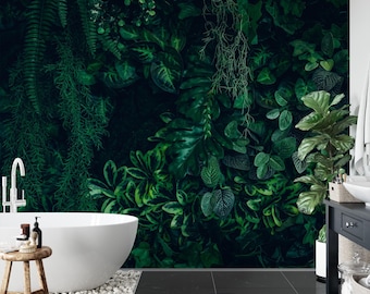 Dark Botanical Peel and Stick Wallpaper: Jungle Green 3D Wall Mural