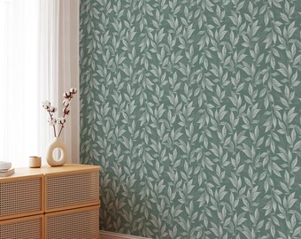 Sage Green Leaf Wallpaper: Removable Botanical Wall Mural