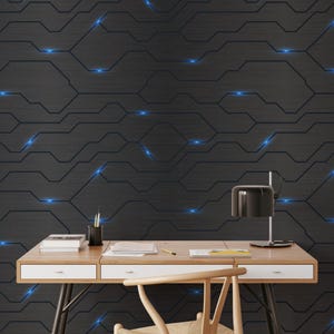 Futuristisches LED Wandbild - Tapete mit schwarzem Stromkreismuster für Tech Office oder Gaming Raum