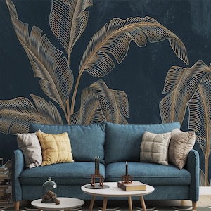 Luxury Banana Leaf Peel and Stick Wallpaper – Navy and Gold Tropical Removable Mural for Modern Living Room Accent Wall